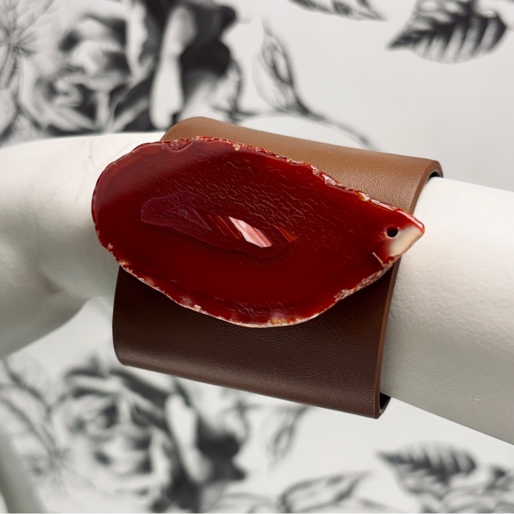 Carnelian Water Line Agate Slice on Faux Leather Adjustable Cuff Bracelet